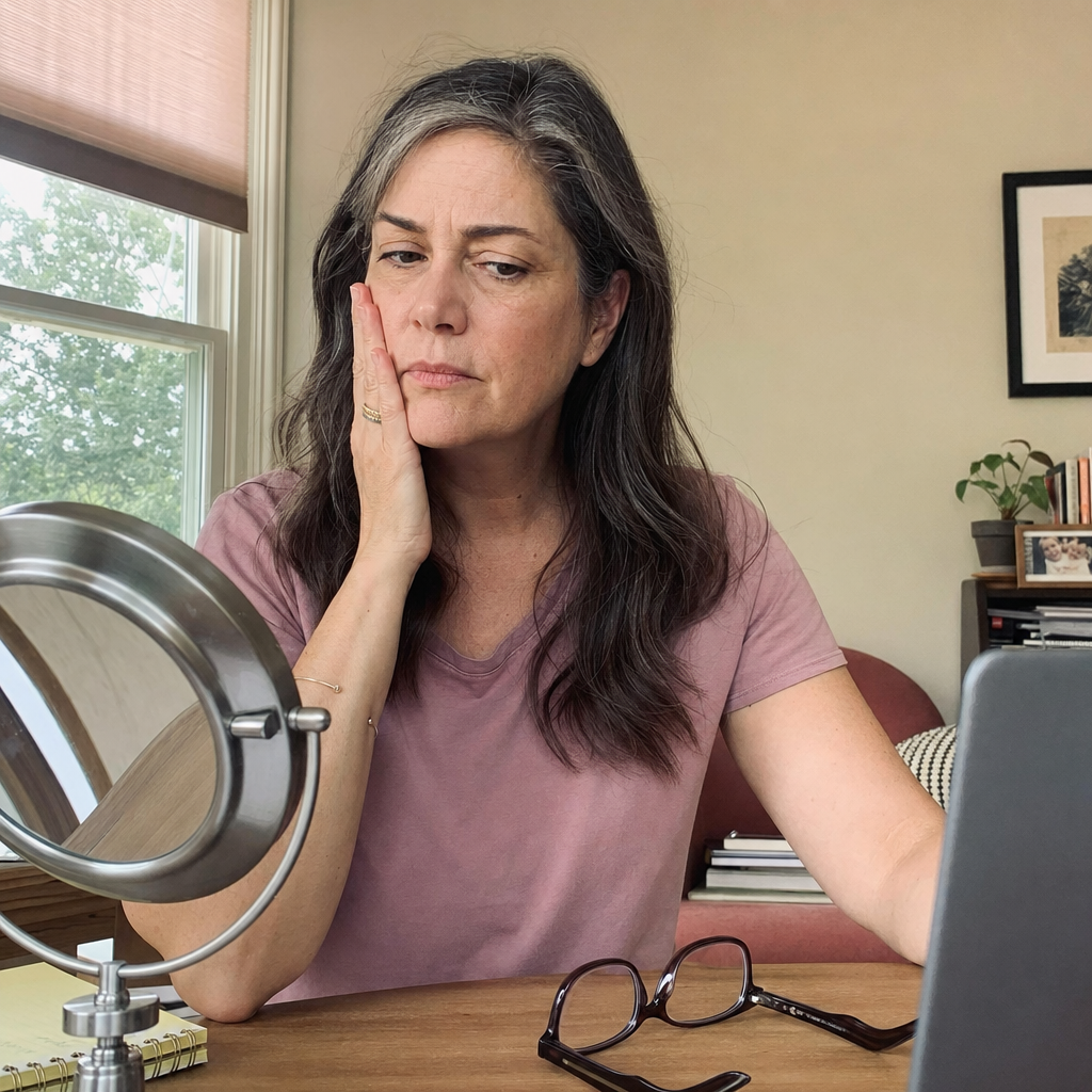 Woman noticing dry-feeling skin at her desk around lunchtime