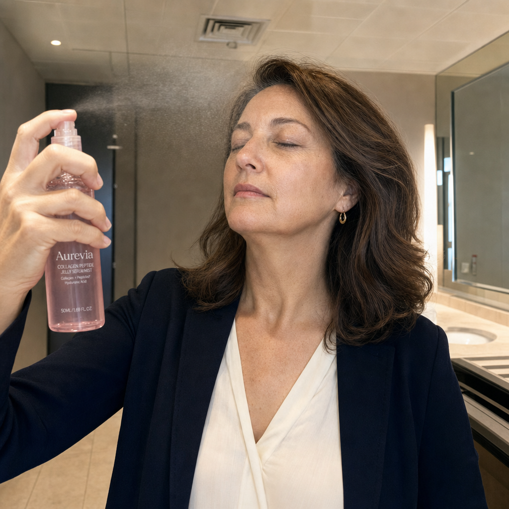 Woman lightly refreshing her skin with Aurevia over makeup